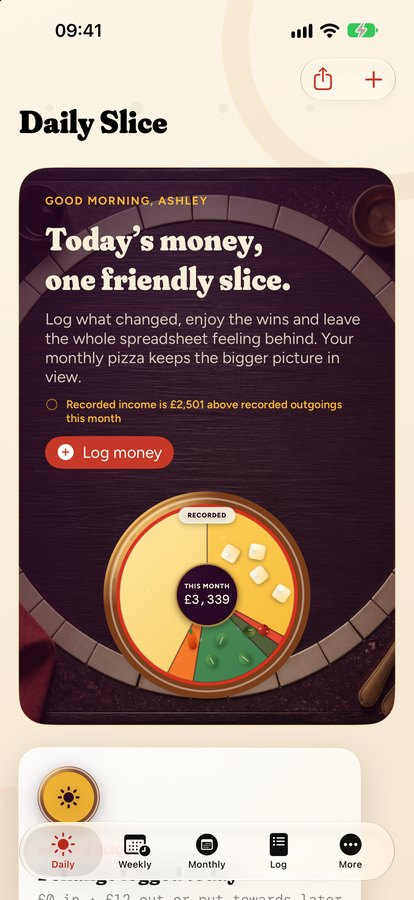 The Daily Slice screen showing today's money and a monthly pizza