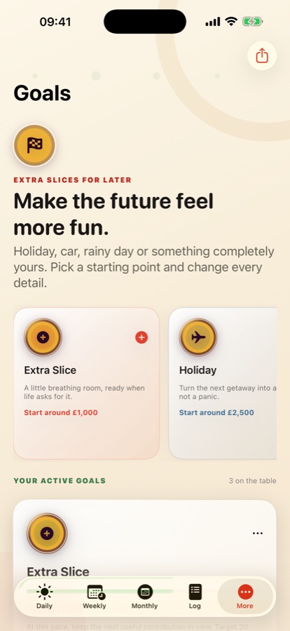 Goals screen with savings targets