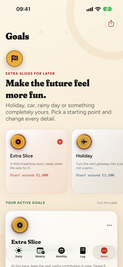 Goals screen with savings targets